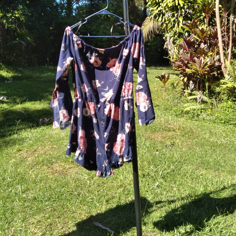 E&M Off Shoulder Drawstring Ruffle Floral Romper - Picture 2 of 10